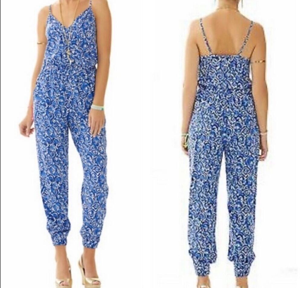 Lilly Pulitzer Melba Jogger Jumpsuit One Piece Chasing Tail Blue Fish Print Sz S